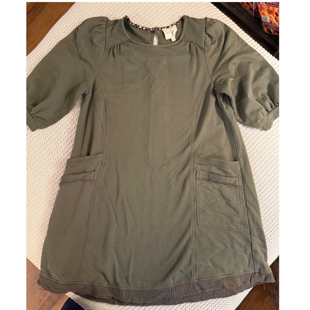 Umgee Olive Green Boho Shift Dress Short Sleeve Pocketed Raw Edge Trim Small